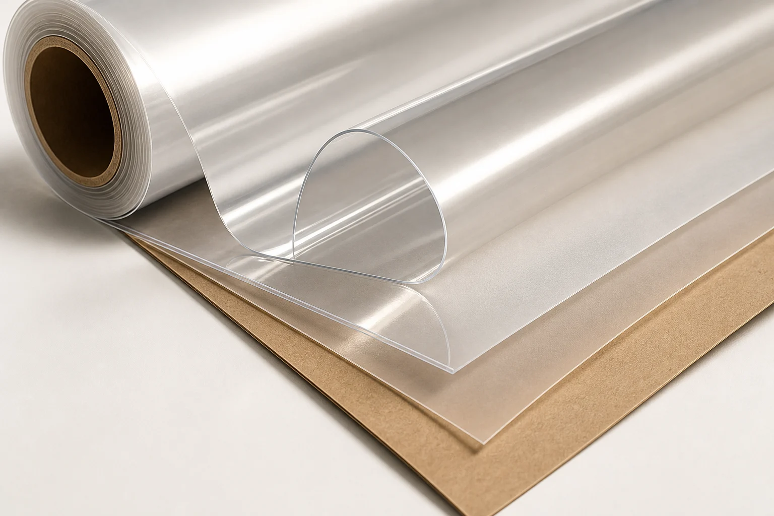 Clear and frosted packaging films layered over natural kraft material