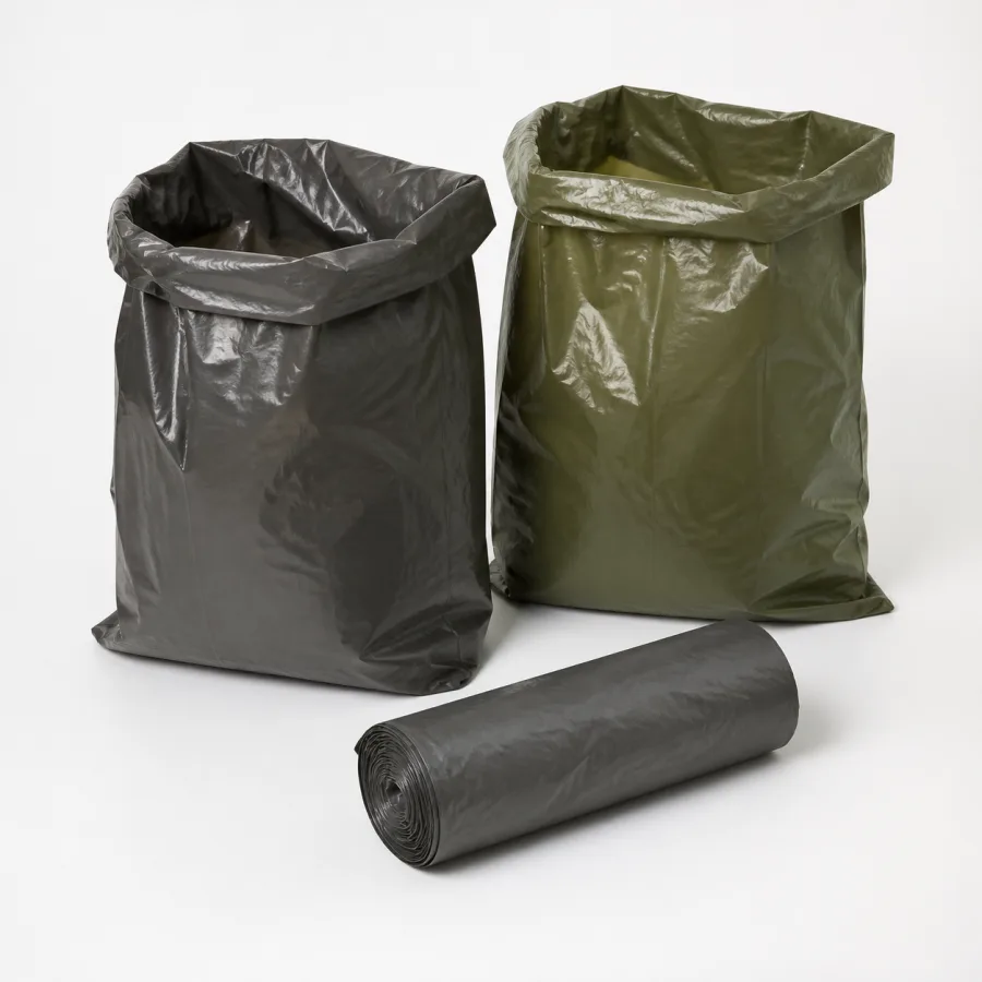 Charcoal and olive biodegradable garbage bags and roll
