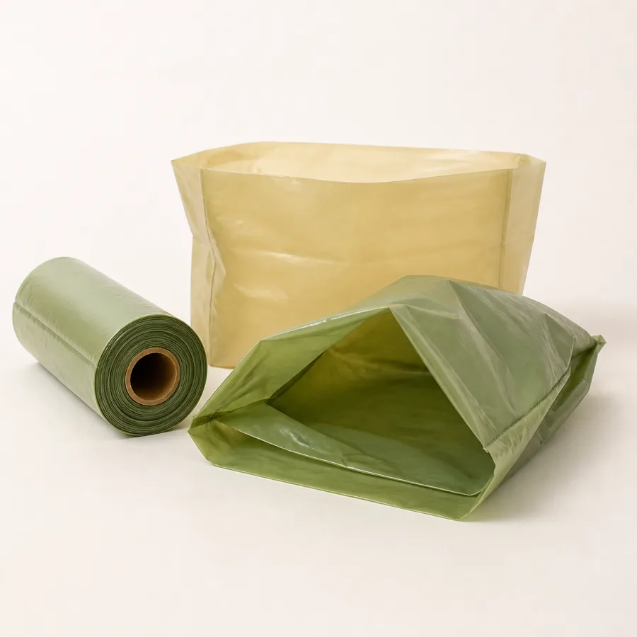 Muted green and natural-toned compostable waste bags and roll