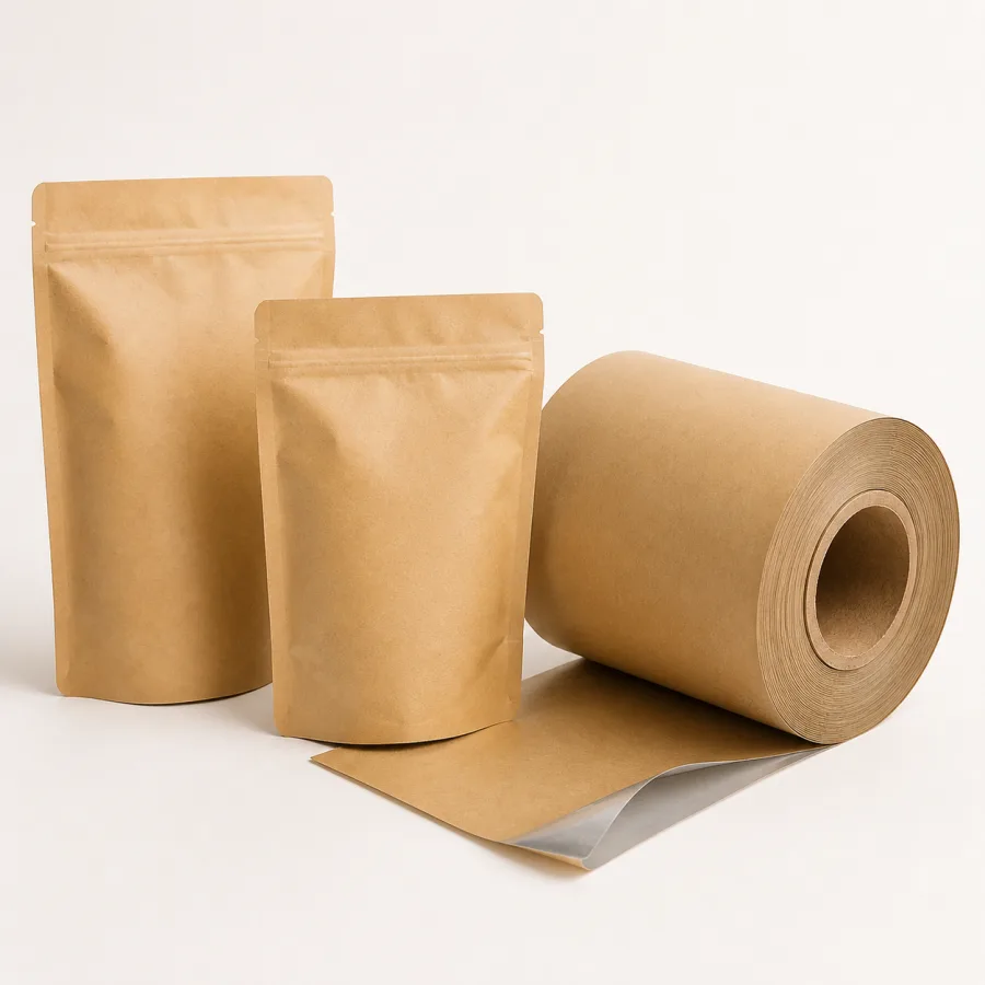 Plain laminated kraft pouches and kraft rollstock