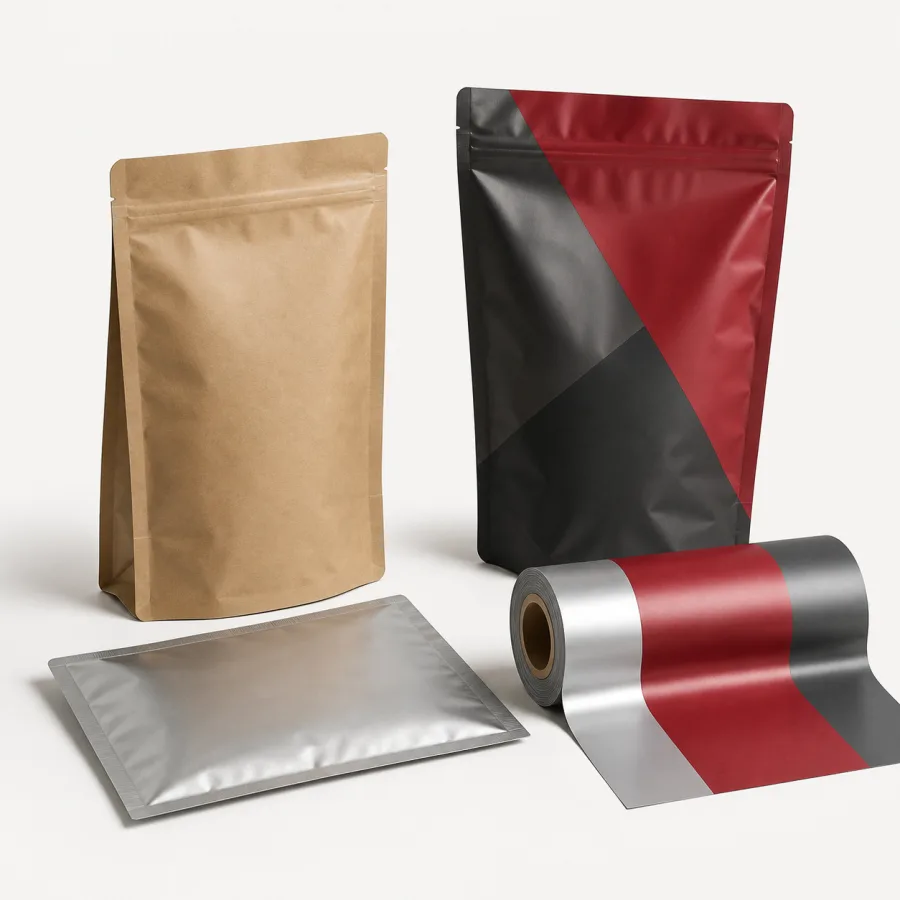 Plain laminated pouches and flexible packaging rollstock