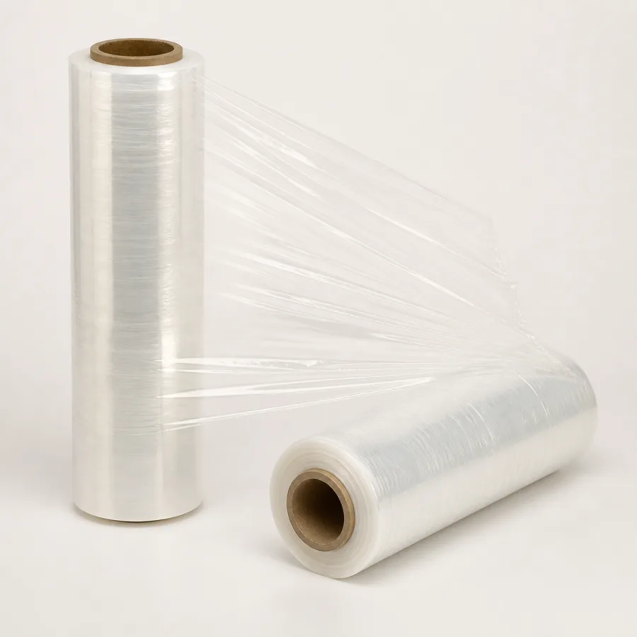 Clear stretch film rolls with a transparent film web